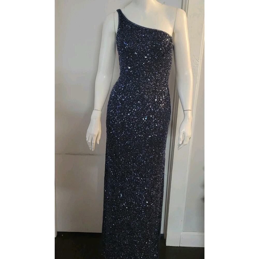 Scala Formal Dress 100% Silk Sz. S Navy Blue Beaded One Shoulder Lattice Back - Picture 10 of 14